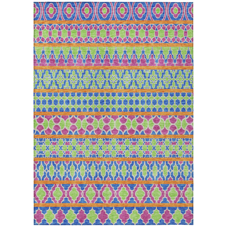5' X 8' Blush Blue And Lime Green Quatrefoil Washable Indoor Outdoor Area Rug