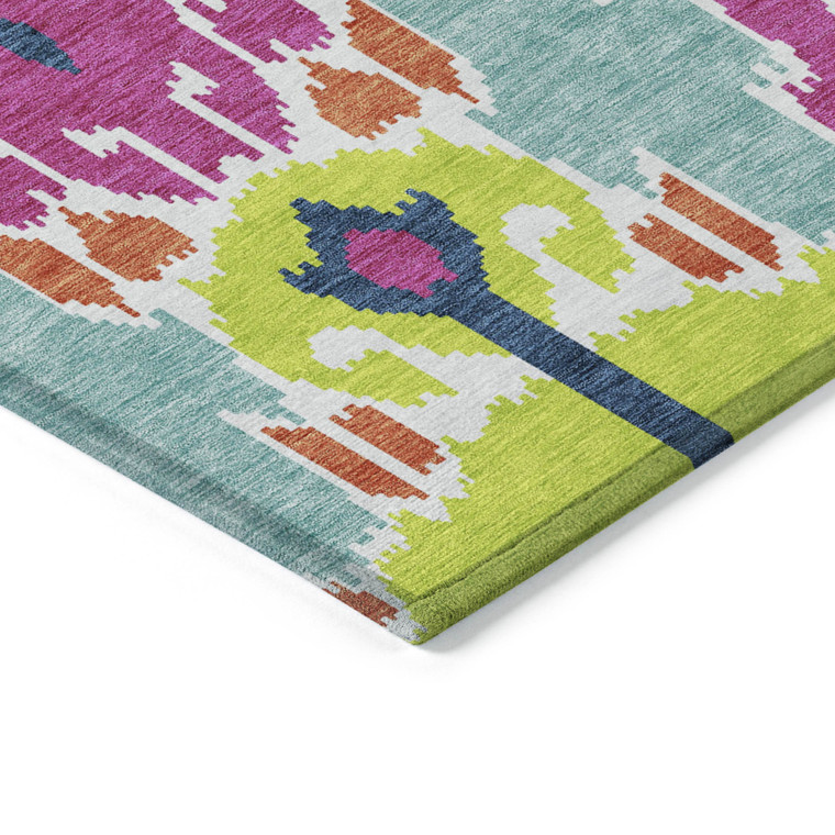 5' X 8' Pink Lime Green And Orange Ikat Washable Indoor Outdoor Area Rug