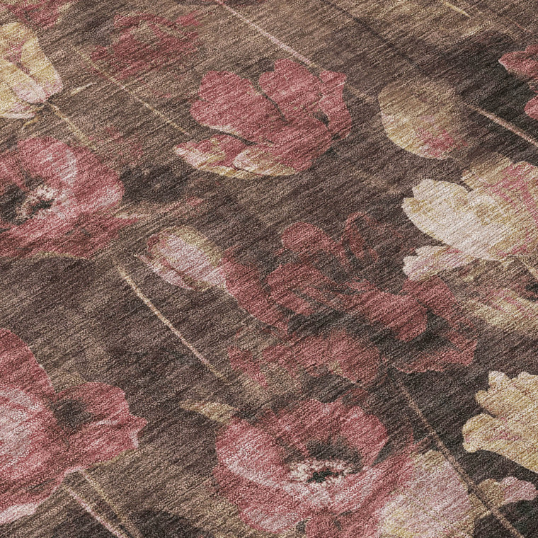 5' X 8' Taupe Brown And Pink Floral Washable Indoor Outdoor Area Rug