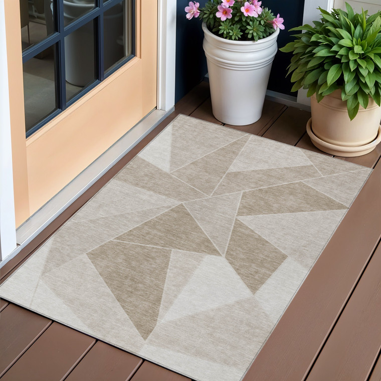 3' X 5' Taupe Brown And Beige Geometric Washable Indoor Outdoor Area Rug - Taupe, Brown, Beige