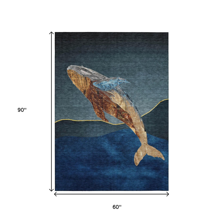 5' X 8' Blue And Brown Animal Print Washable Indoor Outdoor Area Rug