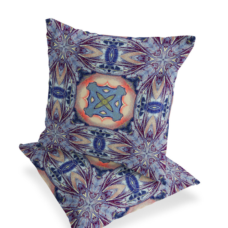 Set of Two 16" X 16" Blue and Pink Blown Seam Floral Indoor Outdoor Throw Pillow Polyester Decor