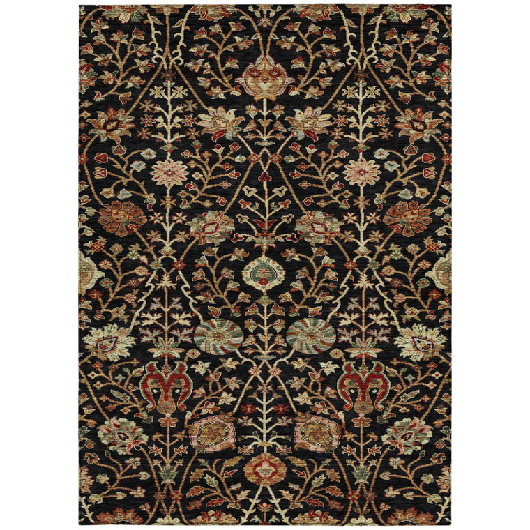 5' X 8' Black Brown And Red Floral Washable Indoor Outdoor Area Rug