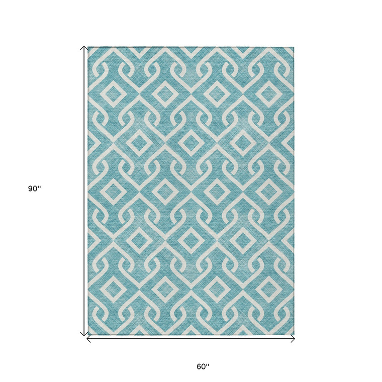 5' X 8' Teal Blue And Ivory Geometric Washable Indoor Outdoor Area Rug Transitional Style - Teal Blue, Ivory Color
