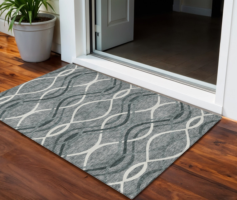 3' X 5' Gray Ivory And Charcoal Abstract Washable Indoor Outdoor Area Rug - Gray, Ivory, Charcoal