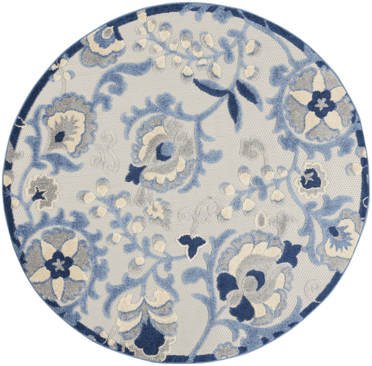 4' Blue And Gray Round Floral Indoor Outdoor Area Rug