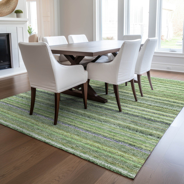 5' X 8' Artichoke Green And Olive Green Striped Washable Indoor Outdoor Area Rug