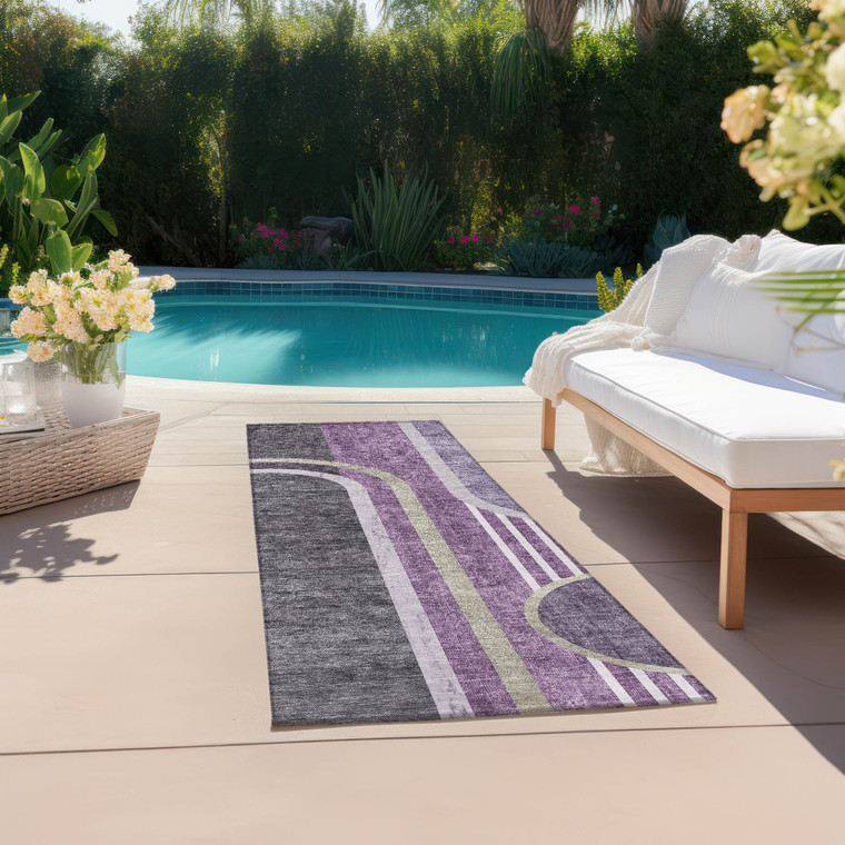 2' X 8' Purple and Black Abstract Washable Indoor Outdoor Runner Rug