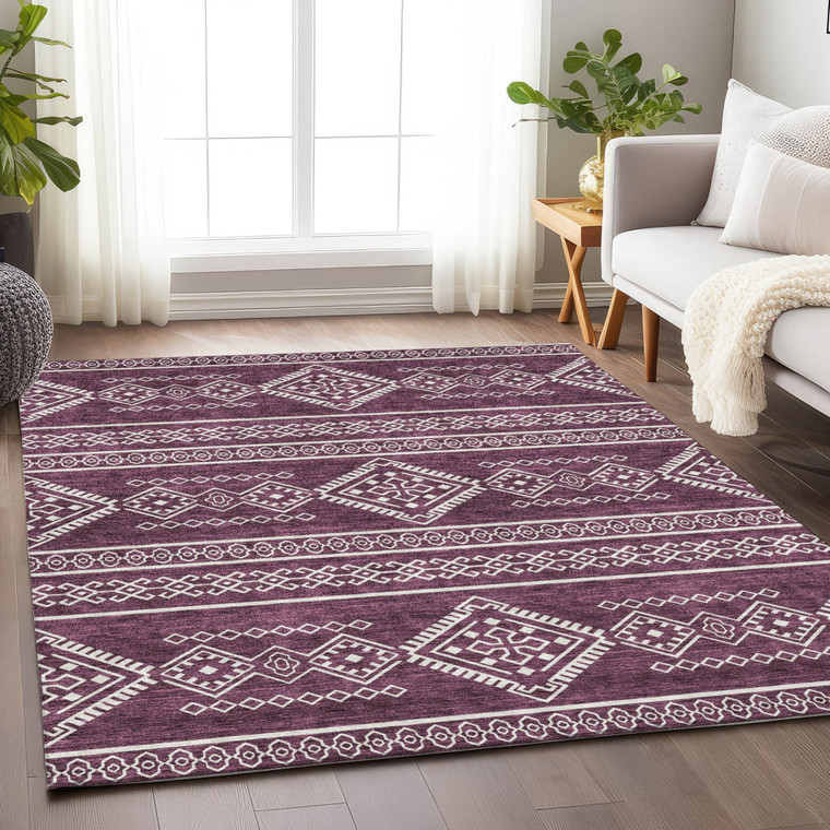3' X 5' Eggplant And Ivory Southwestern Washable Indoor Outdoor Area Rug
