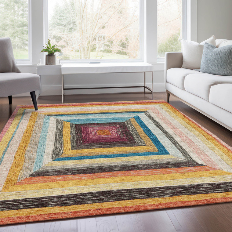 5' X 8' Amber Pink And Teal Blue Geometric Washable Indoor Outdoor Area Rug