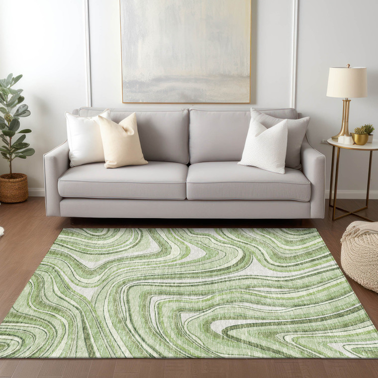 3' X 5' Artichoke Green And Ivory Abstract Washable Indoor Outdoor Area Rug Transitional Style - Artichoke Green, Ivory Color