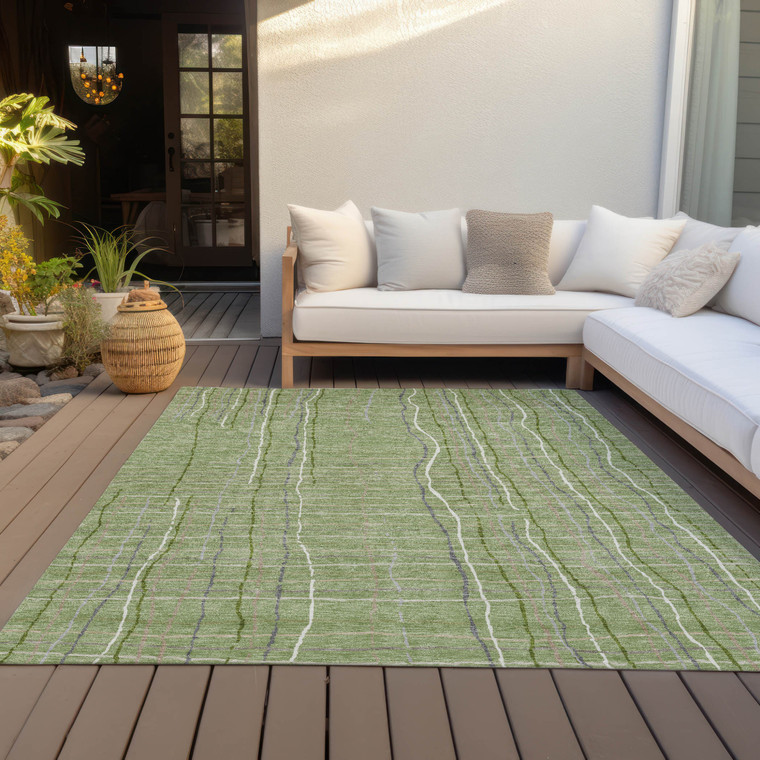 3' X 5' Green Ivory And Gray Striped Washable Indoor Outdoor Area Rug