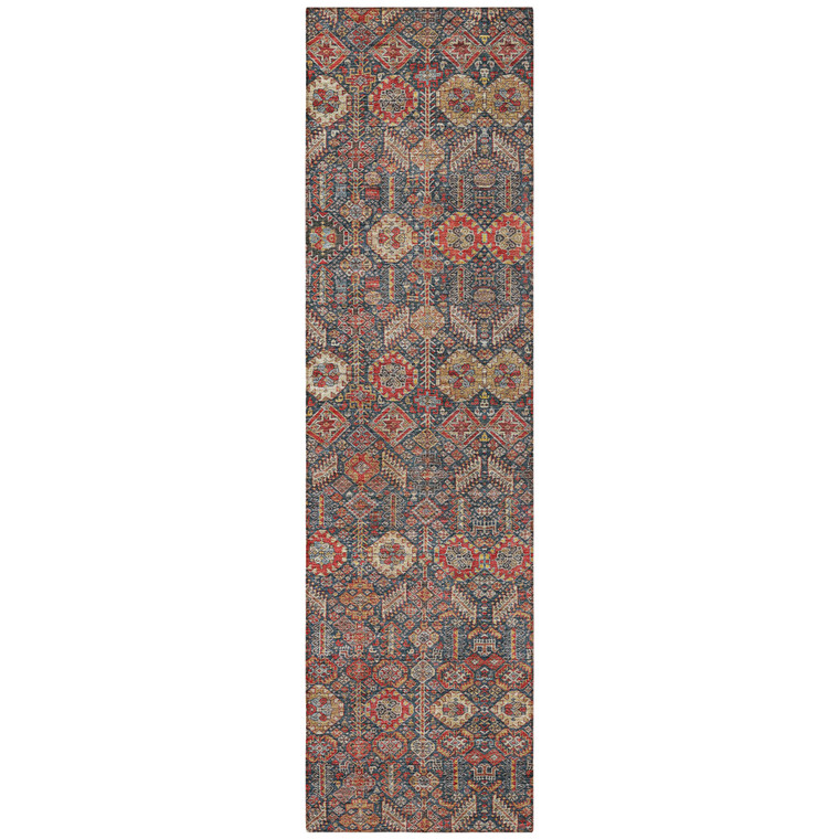 8' Runner Red and Dark Blue Floral Washable Non Skid Indoor Outdoor Runner Rug