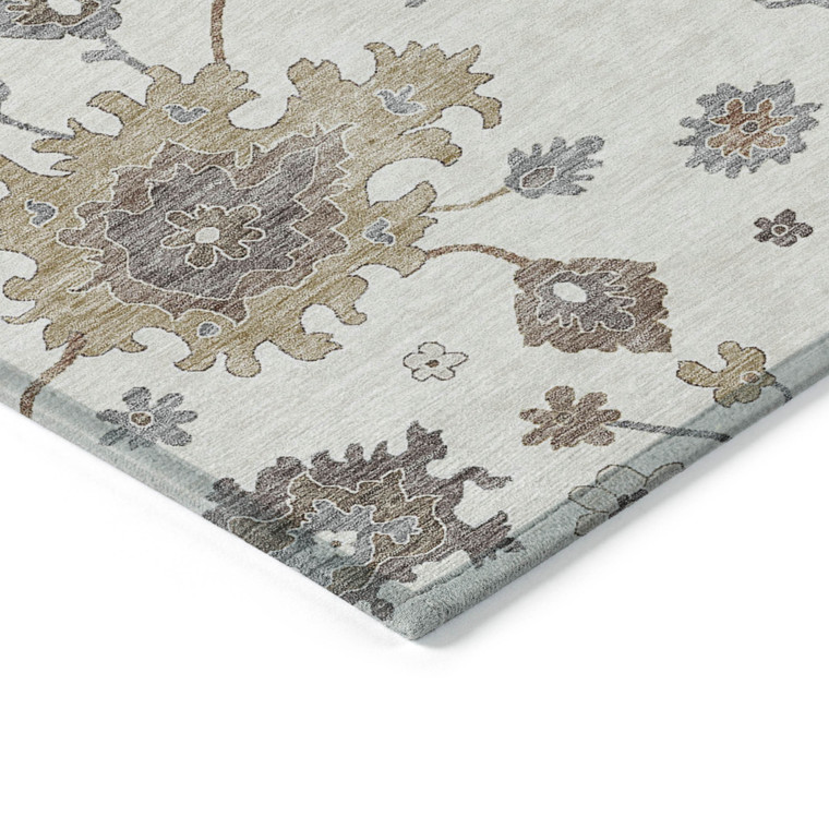 5' X 8' Ivory Gray And Taupe Floral Washable Indoor Outdoor Area Rug