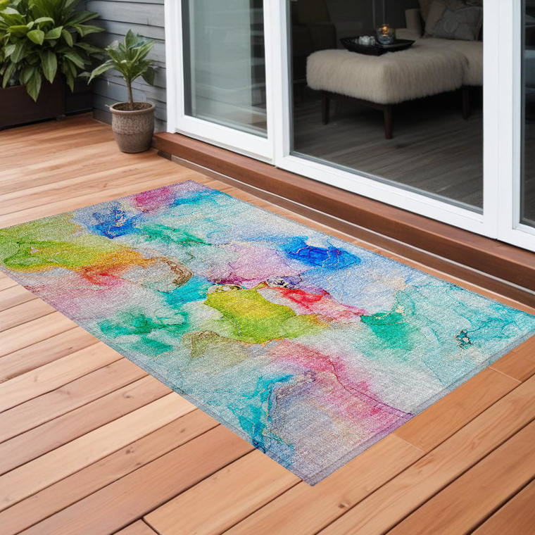 3' X 5' Blue Abstract Washable Non Skid Indoor Outdoor Area Rug Transitional Style - Blue Color