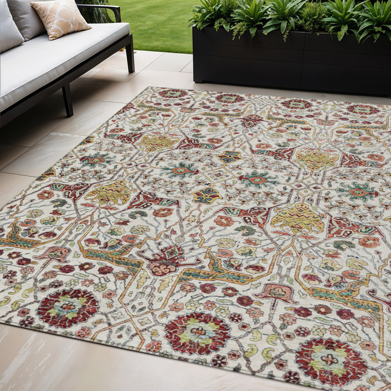 5' X 8' Ivory Red And Green Floral Washable Indoor Outdoor Area Rug