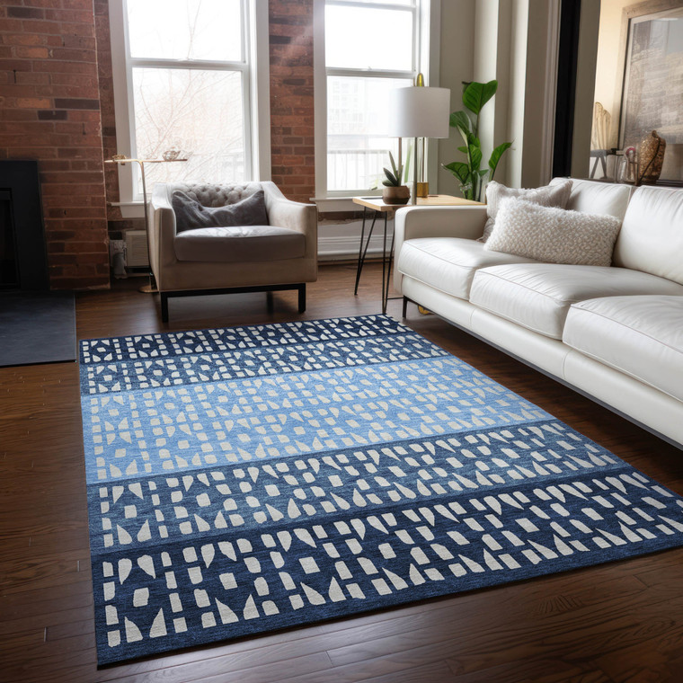5' X 8' Blue Sky Blue And Ivory Geometric Washable Indoor Outdoor Area Rug