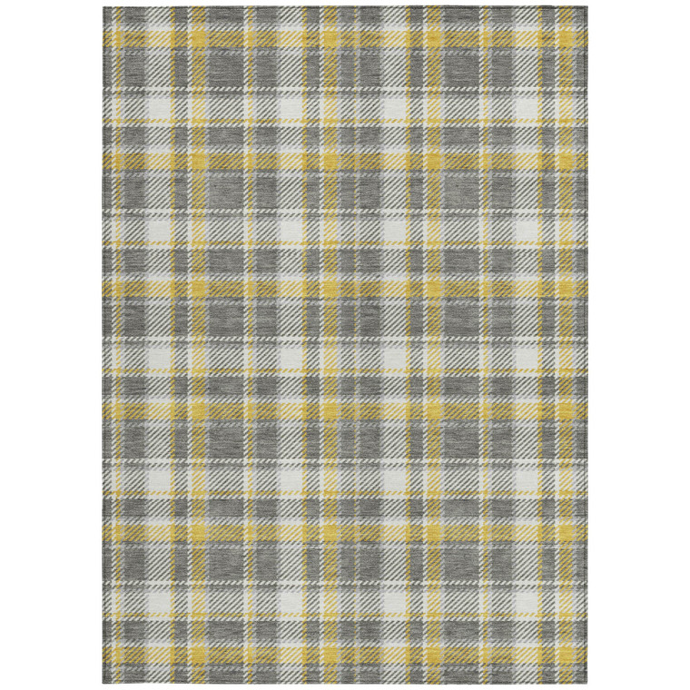 5' X 8' Gray Yellow and White Plaid Washable Non Skid Indoor Outdoor Area Rug
