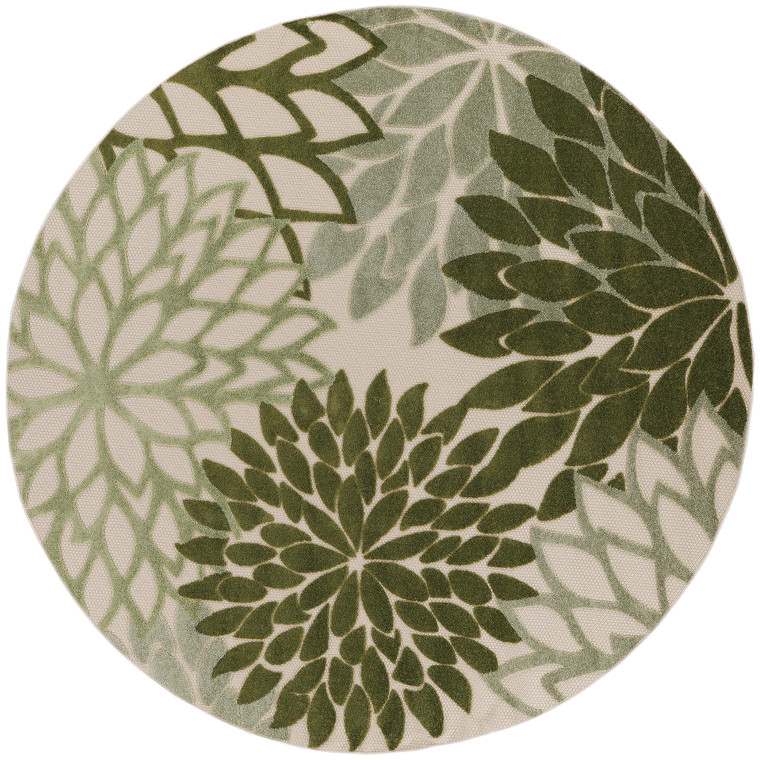 5' Ivory Green And Dark Green Round Floral Indoor Outdoor Area Rug - Ivory, Green, Dark Green