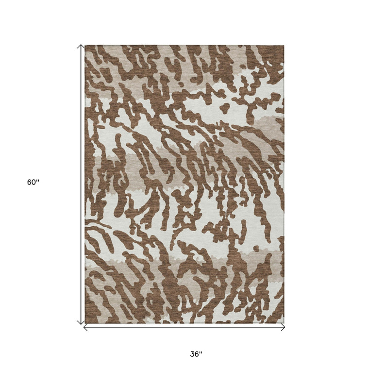3' X 5' Chocolate Beige And Ivory Animal Print Washable Indoor Outdoor Area Rug