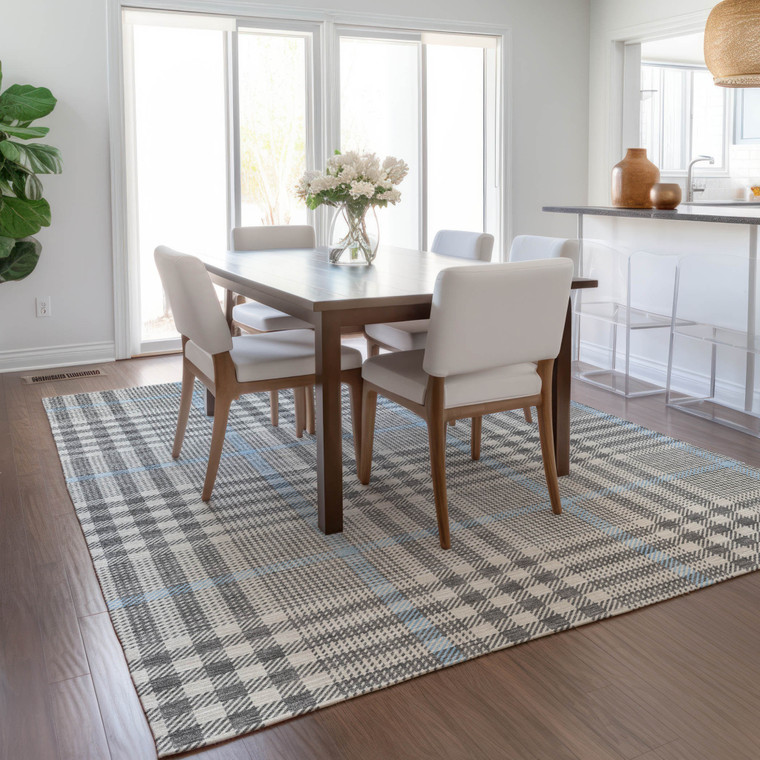 5' X 8' Gray Blue And Beige Plaid Washable Indoor Outdoor Area Rug