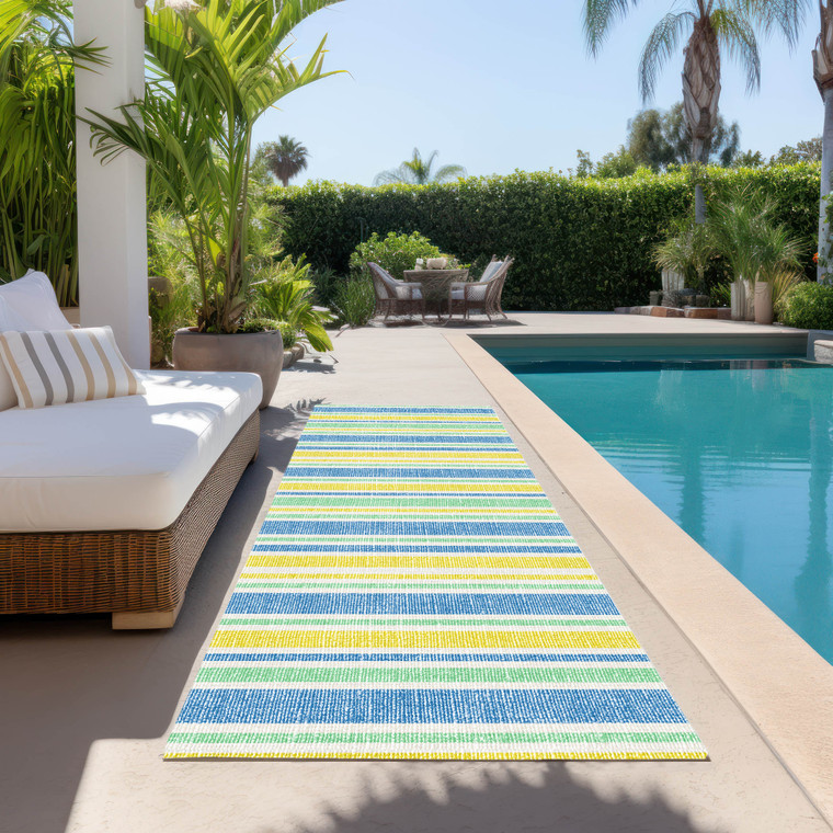 2' X 8' Blue Yellow and Green Striped Washable Non Skid Indoor Outdoor Runner Rug