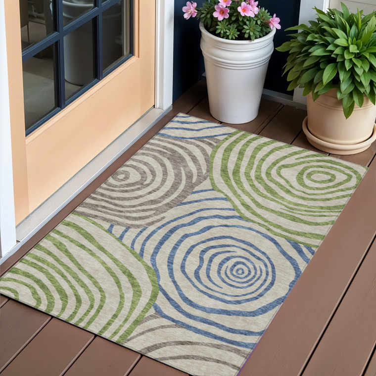 3' X 5' Beige Taupe And Green Abstract Washable Indoor Outdoor Area Rug