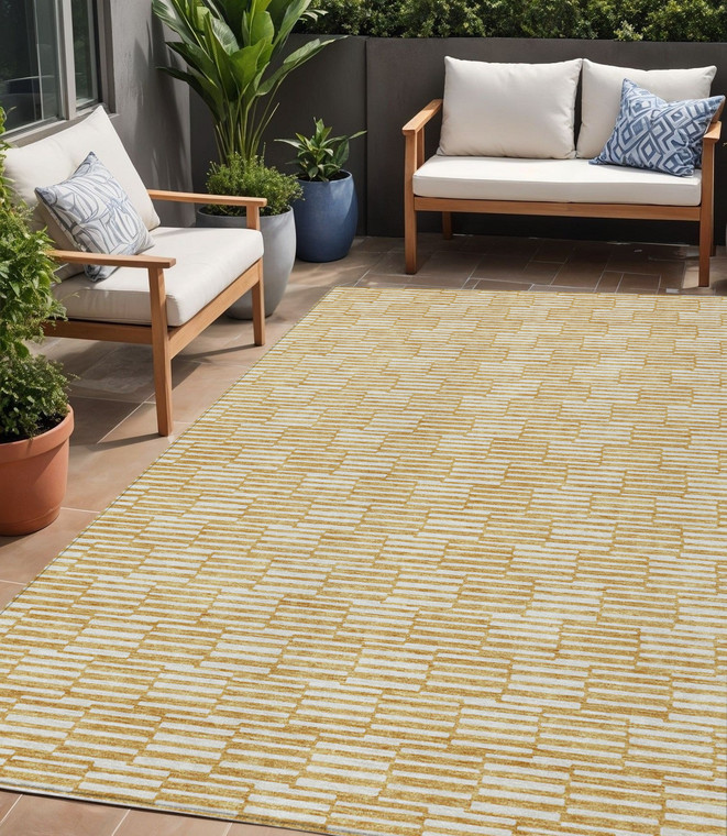5' X 8' Gold And Beige Geometric Washable Indoor Outdoor Area Rug Transitional Style - Gold, Beige Color