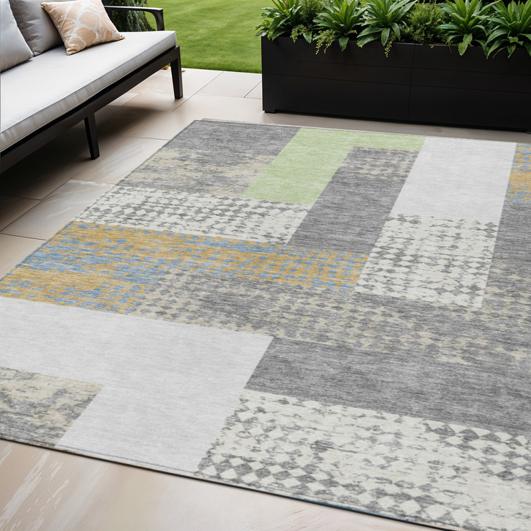 5' X 8' Gray Ivory And Mint Green Geometric Washable Indoor Outdoor Area Rug