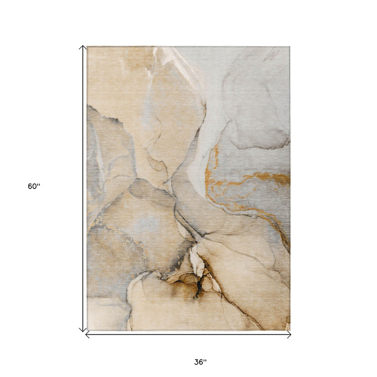 3' X 5' Beige Abstract Washable Non Skid Indoor Outdoor Area Rug - 608219254551