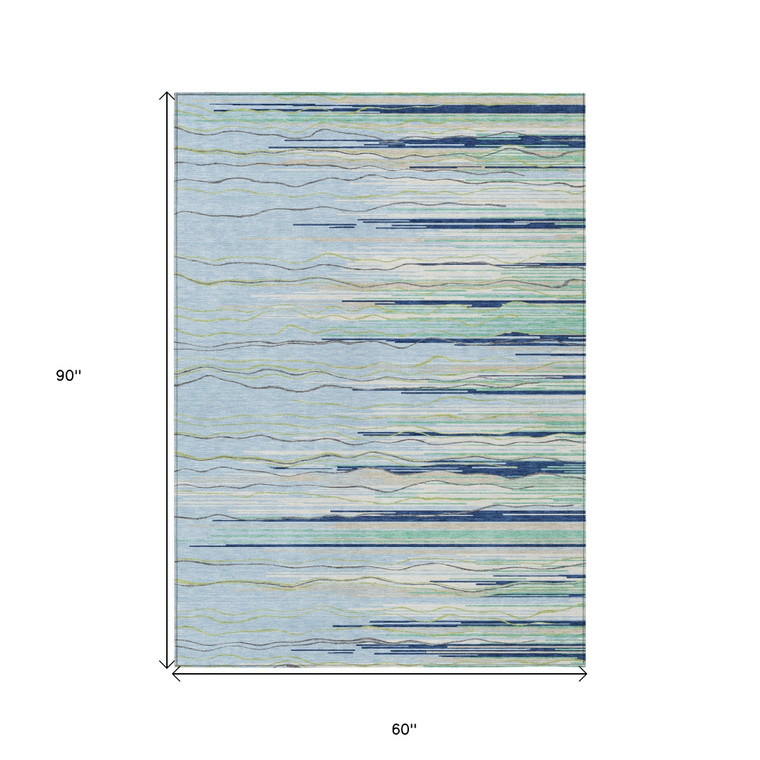 5' X 8' Sky Blue Aqua And Gray Striped Washable Indoor Outdoor Area Rug