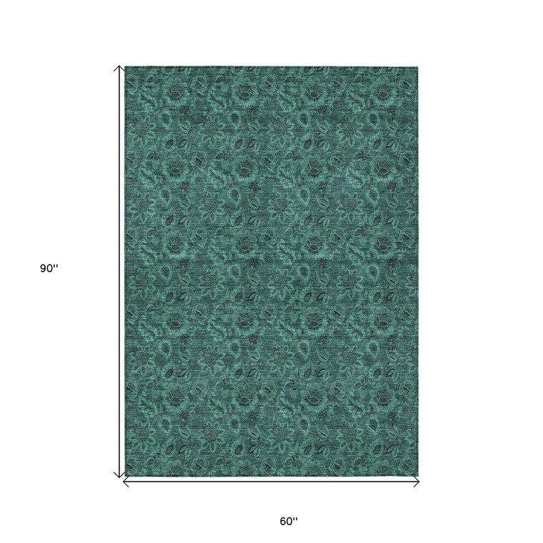 5' X 8' Teal Blue Green And Charcoal Floral Washable Indoor Outdoor Area Rug