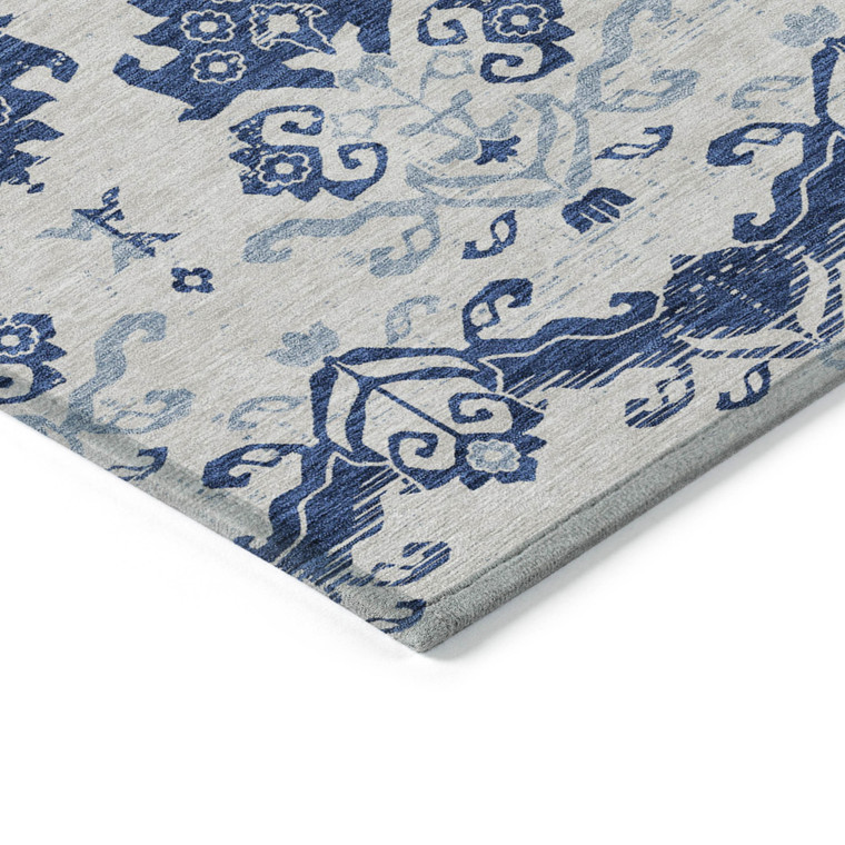 5' X 8' Navy Blue Beige And Denim Blue Oriental Washable Indoor Outdoor Area Rug