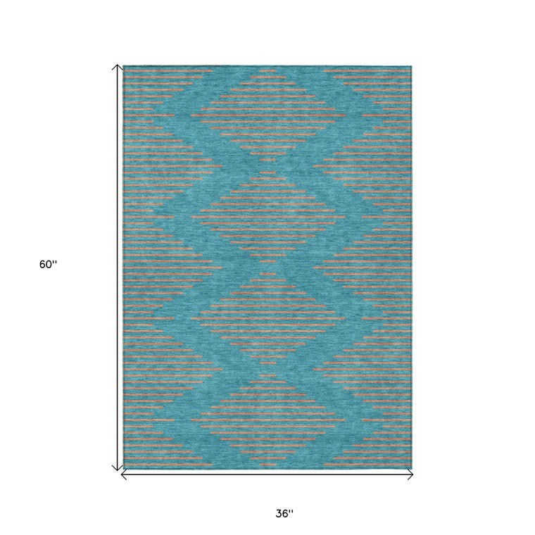 3' X 5' Teal Blue And Pink Geometric Washable Indoor Outdoor Area Rug