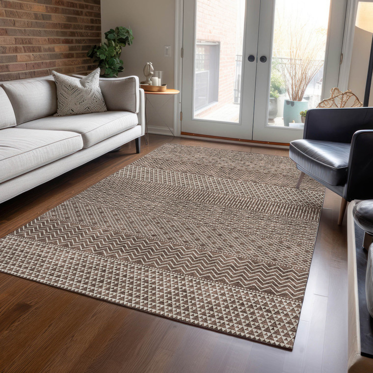 3' X 5' Brown And Ivory Chevron Washable Indoor Outdoor Area Rug