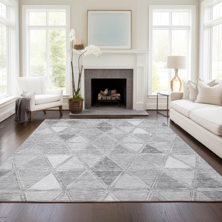 3' X 5' Gray Silver And Ivory Geometric Washable Indoor Outdoor Area Rug Transitional Style - Gray, Silver, Ivory Color