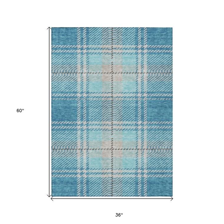 3' X 5' Teal Blue Gray And Brown Plaid Washable Indoor Outdoor Area Rug