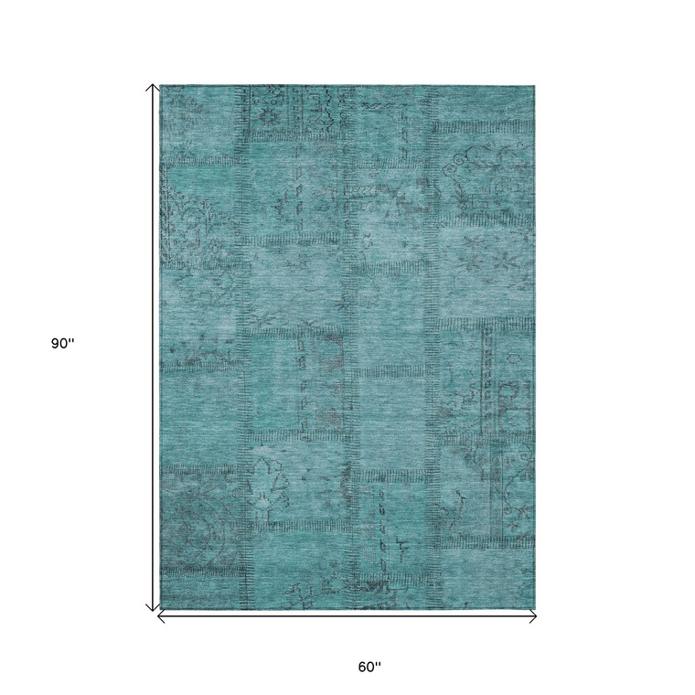 5' X 8' Teal Blue And Aqua Patchwork Washable Indoor Outdoor Area Rug