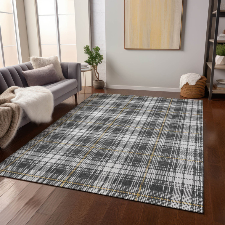 3' X 5' Charcoal Ivory And Gold Plaid Washable Indoor Outdoor Area Rug
