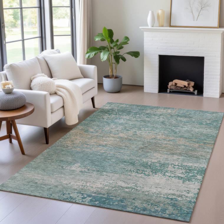 3' X 5' Aqua And Beige Abstract Washable Indoor Outdoor Area Rug