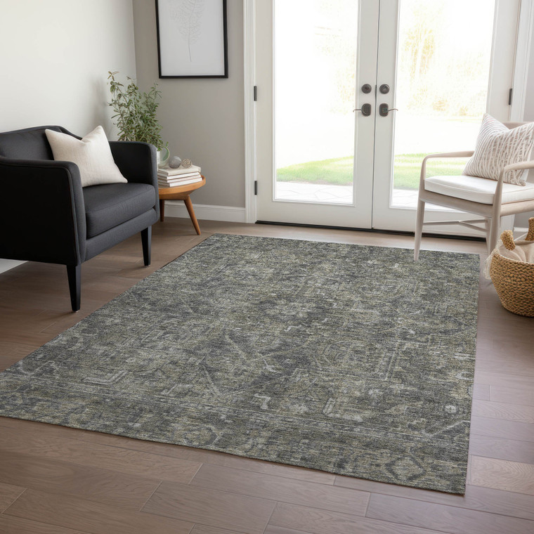 5' X 8' Brown and Black Oriental Washable Non Skid Indoor Outdoor Area Rug