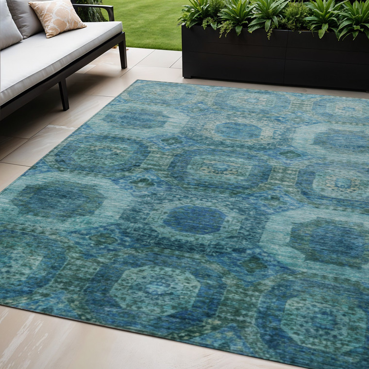 5' X 8' Blue And Ivory Medallion Washable Indoor Outdoor Area Rug