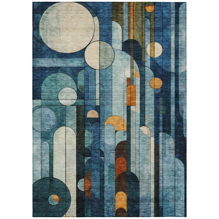 3' X 5' Blue Ivory And Copper Geometric Washable Indoor Outdoor Area Rug