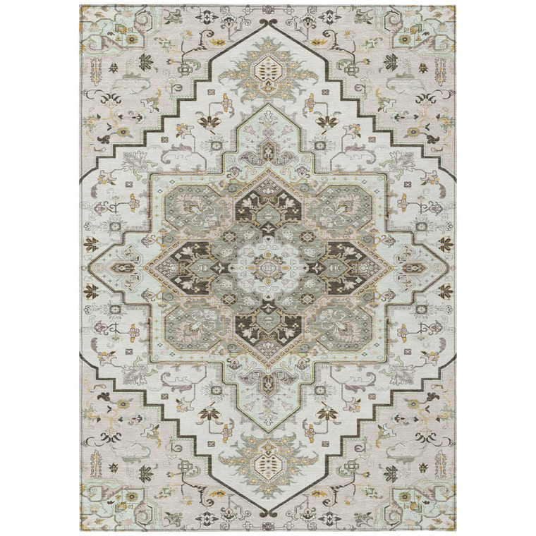 5' X 8' Ivory And Brown Oriental Washable Indoor Outdoor Area Rug