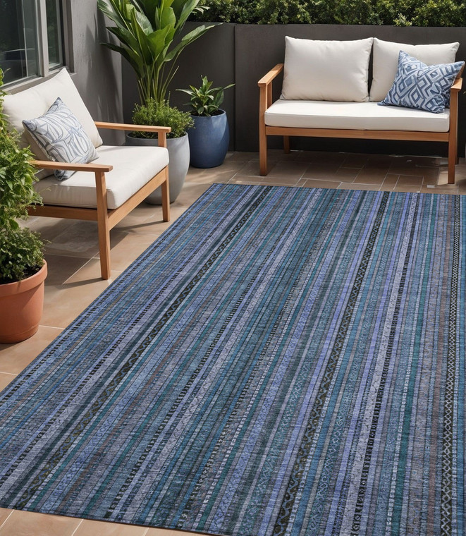 5' X 8' Blue Gray And Sky Blue Striped Washable Indoor Outdoor Area Rug