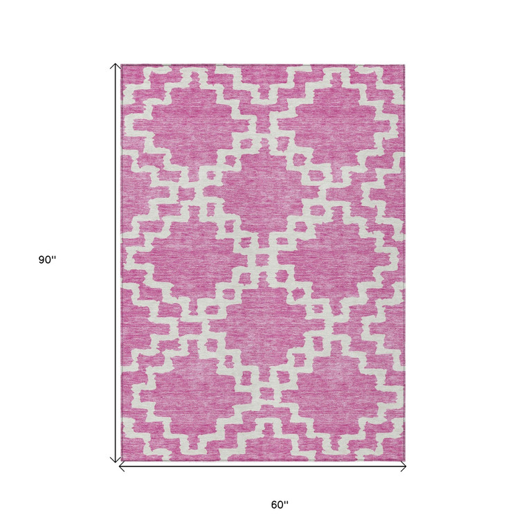 5' X 8' Blush And Ivory Geometric Washable Indoor Outdoor Area Rug Transitional Style - Blush, Ivory Color