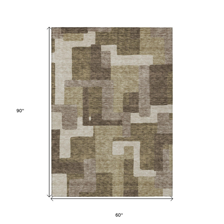5' X 8' Brown And Beige Abstract Washable Indoor Outdoor Area Rug