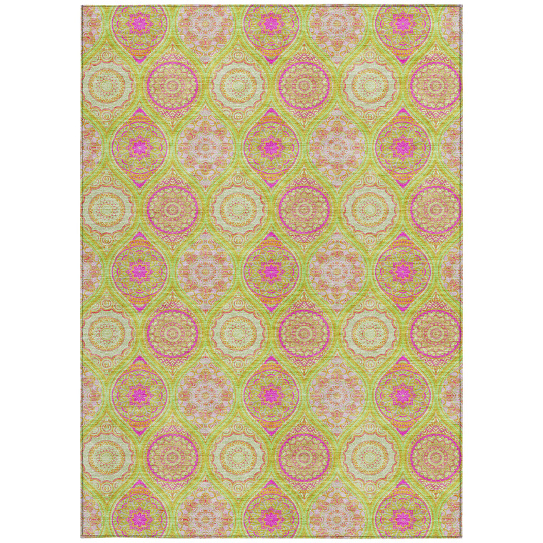 3' X 5' Lime Green Pink And Ivory Floral Medallion Washable Indoor Outdoor Area Rug