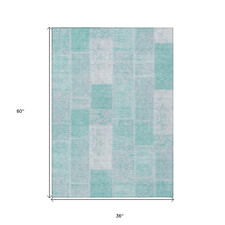 3' X 5' Aqua Teal Blue And Silver Patchwork Washable Indoor Outdoor Area Rug