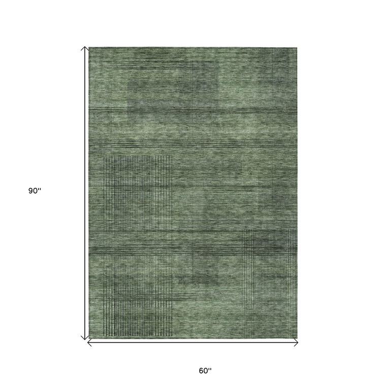 5' X 8' Olive Green And Gray Striped Washable Indoor Outdoor Area Rug - Olive Green, Gray